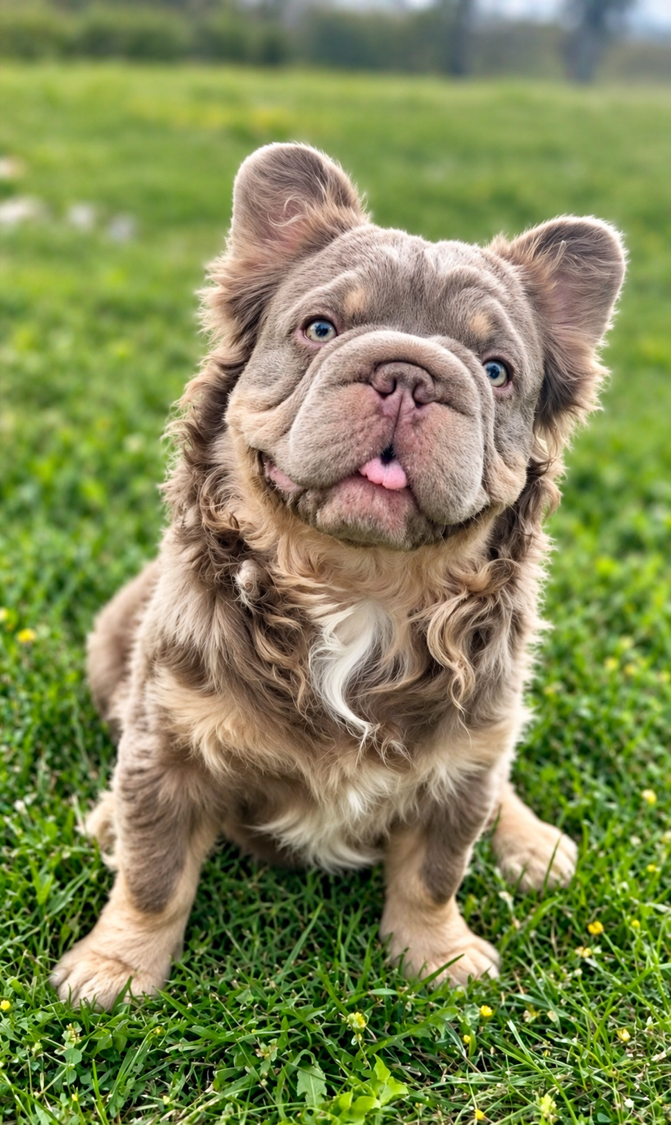 Druski, a fluffy lilac and tan French Bulldog sitting in a green grass field with its tongue peeking out
