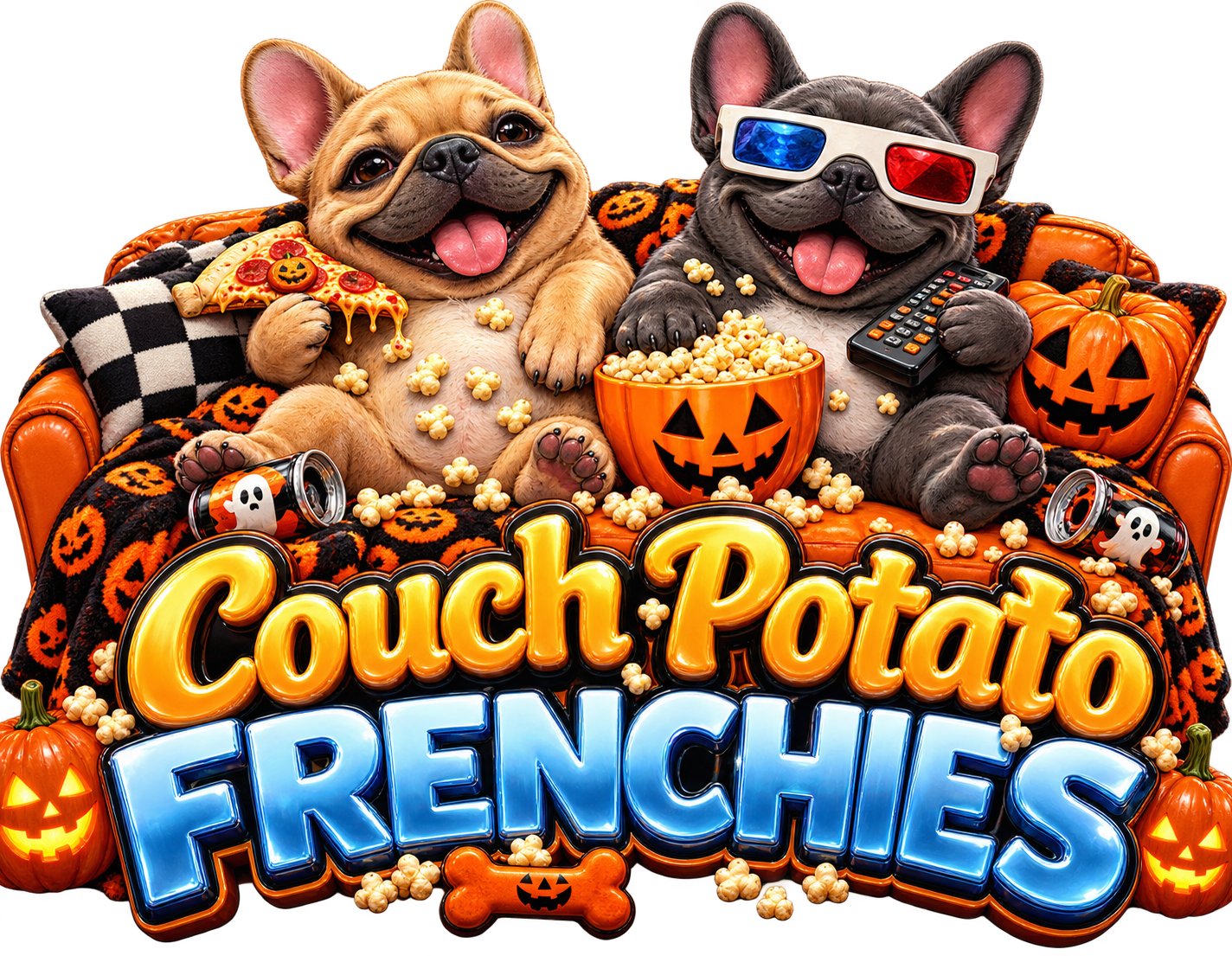 Couch Potato Frenchies — two happy French Bulldogs on a Halloween couch, pumpkin banner logo