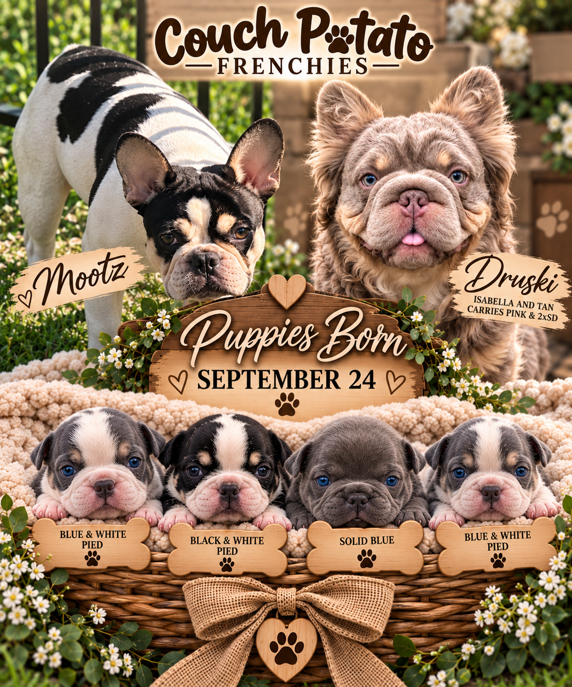 Litter announcement: Mootz and Druski with four puppies in a wicker basket — puppies born September 24, in blue and white pied, black and white pied, solid blue, and blue and white pied
