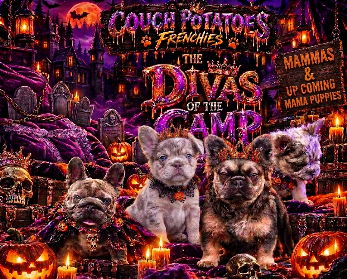 Couch Potatoes Frenchies — the Divas of the Camp, mama and upcoming mama pups in purple Halloween splendor